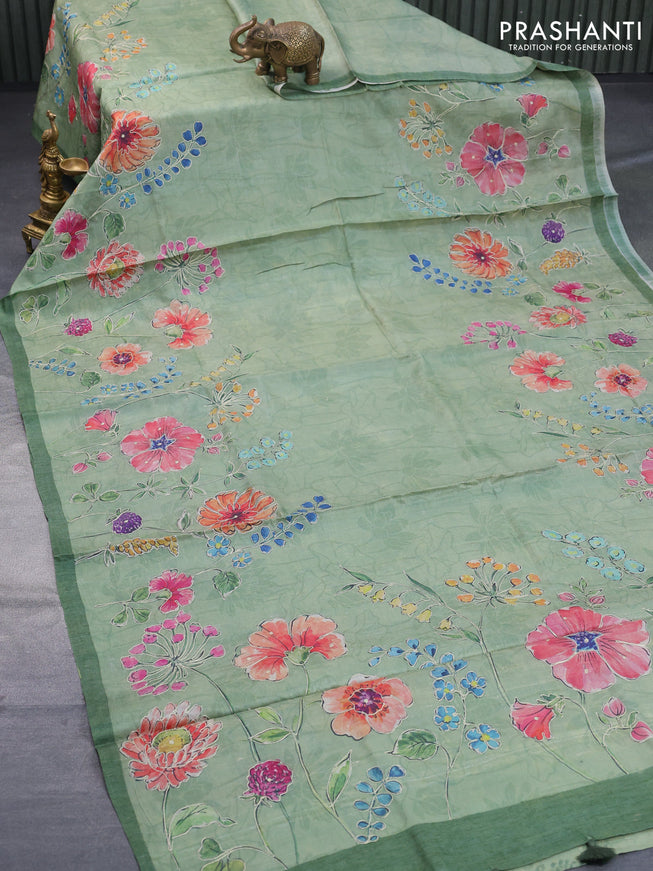 Pure tussar silk saree pastel green shade with allover floral prints & pita work and simple border