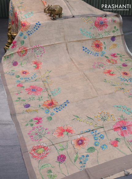 Pure tussar silk saree beige with allover floral prints & pita work and simple border