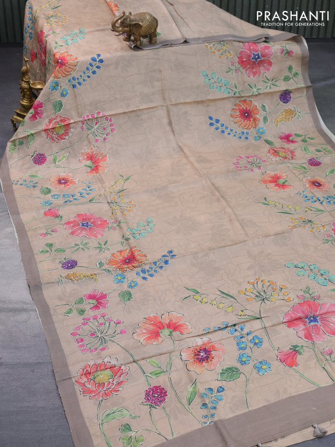 Pure tussar silk saree beige with allover floral prints & pita work and simple border