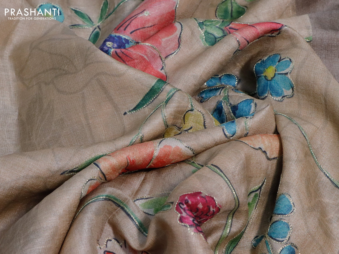 Pure tussar silk saree beige with allover floral prints & pita work and simple border