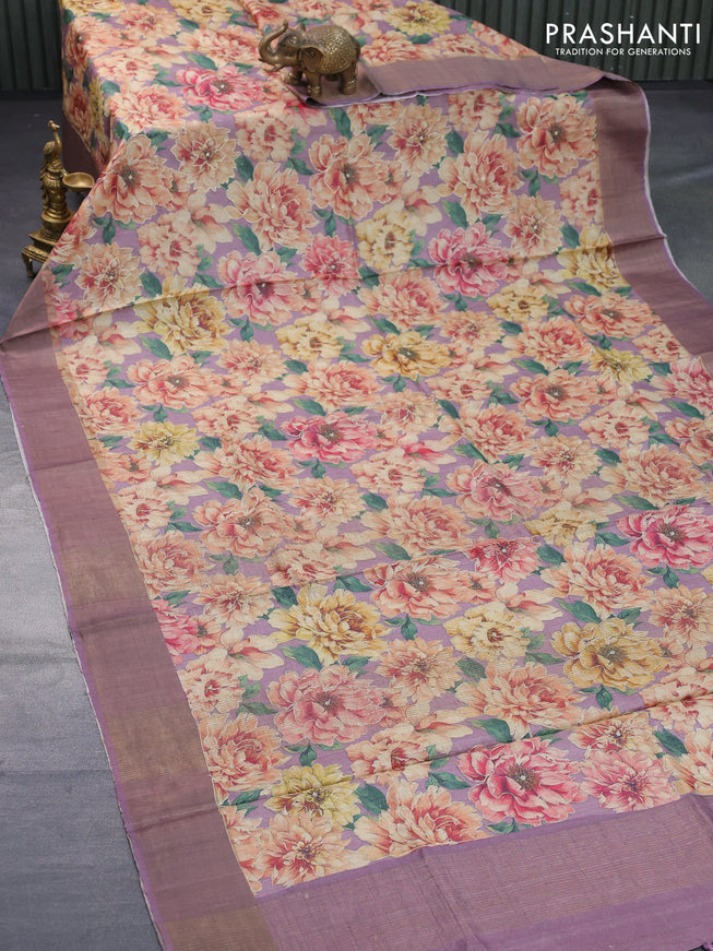 Pure tussar silk saree mild purple with allover floral prints & pita work and zari woven border