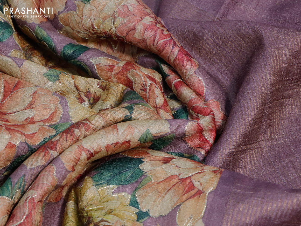 Pure tussar silk saree mild purple with allover floral prints & pita work and zari woven border