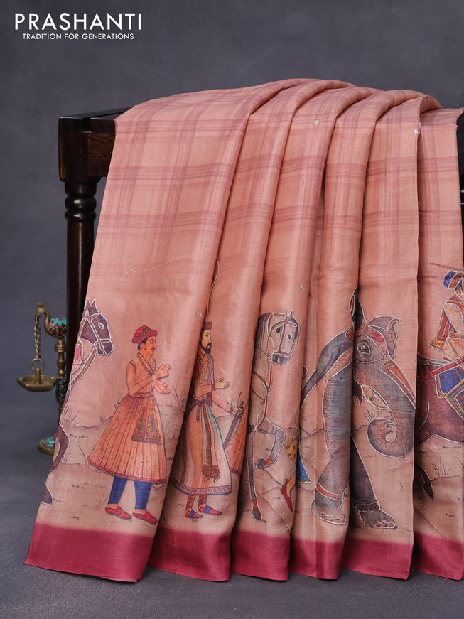 Pure tussar silk saree peach shade and maroon with mirror work and prints & pita work border