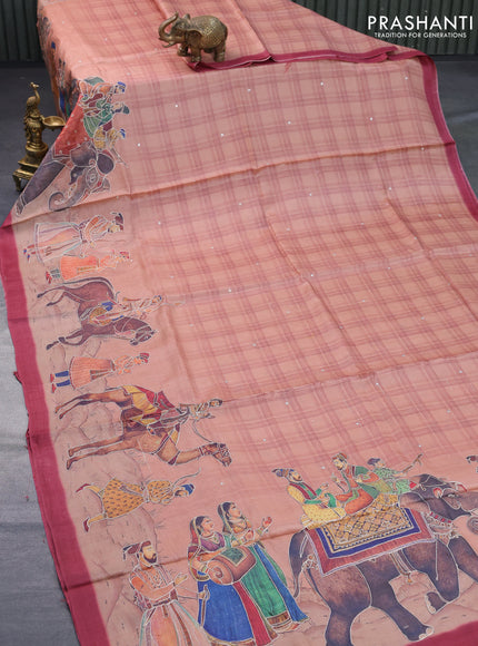 Pure tussar silk saree peach shade and maroon with mirror work and prints & pita work border