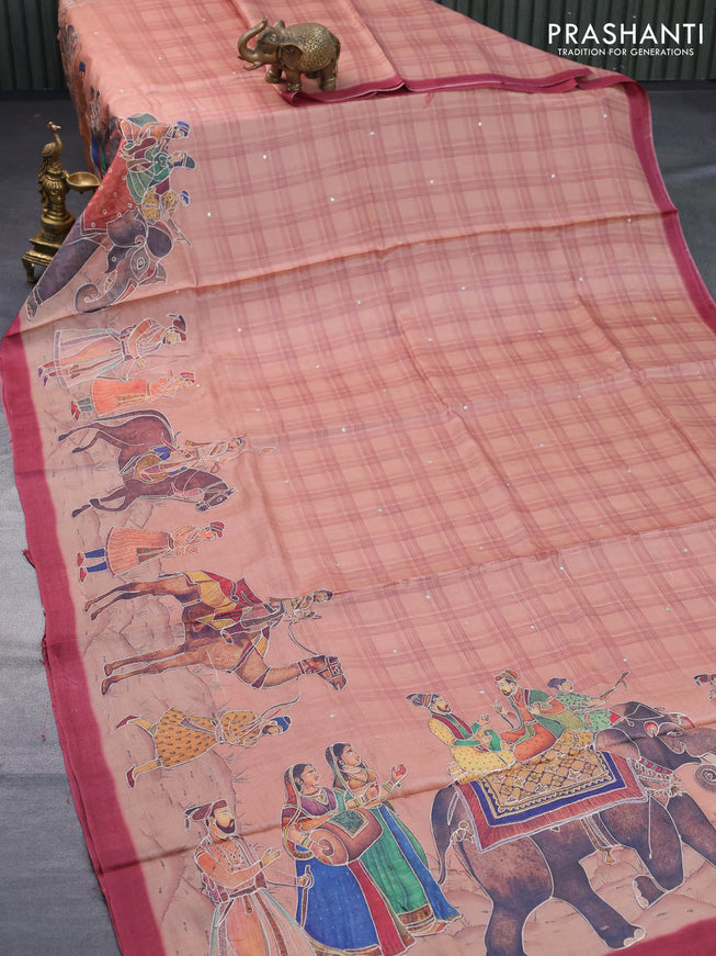 Pure tussar silk saree peach shade and maroon with mirror work and prints & pita work border