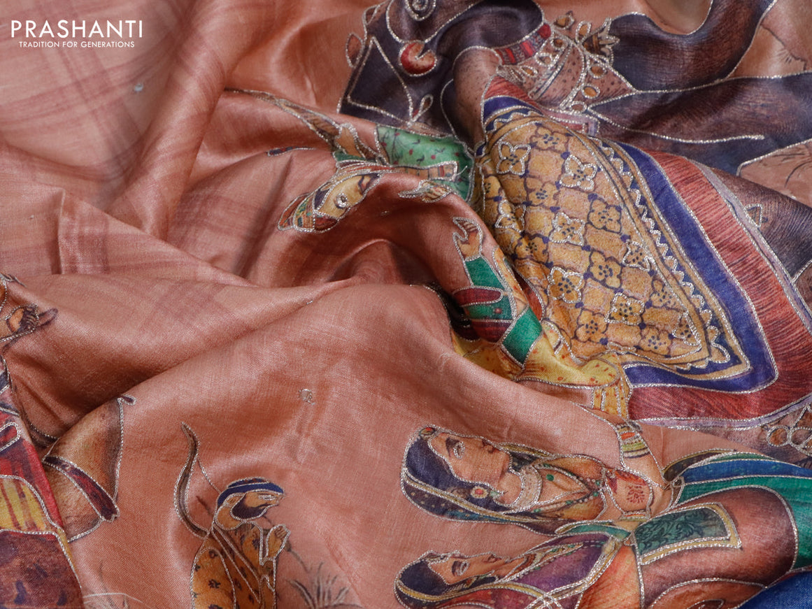 Pure tussar silk saree peach shade and maroon with mirror work and prints & pita work border