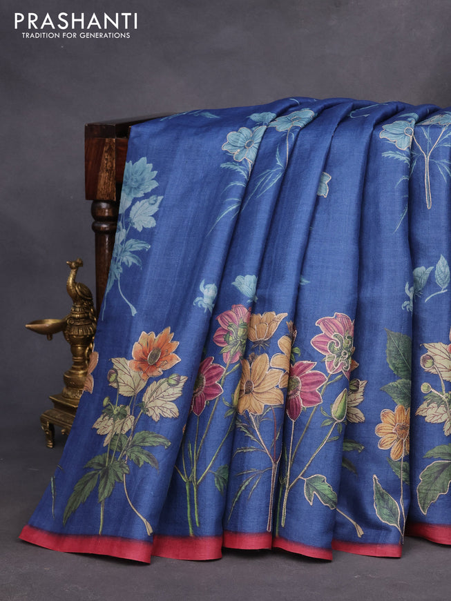 Pure tussar silk saree blue and maroon with floral prints & pita work and simple border