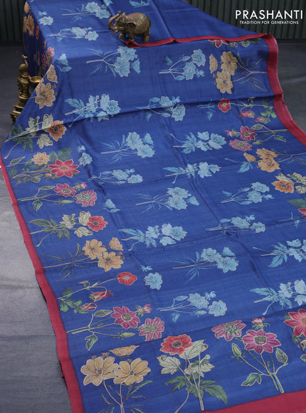 Pure tussar silk saree blue and maroon with floral prints & pita work and simple border