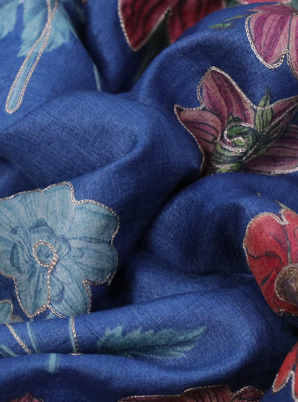 Pure tussar silk saree blue and maroon with floral prints & pita work and simple border