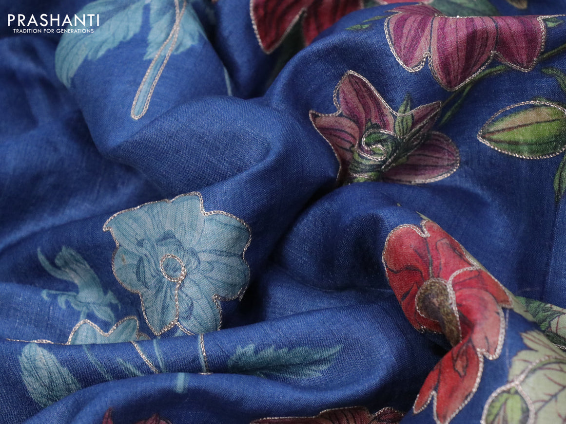 Pure tussar silk saree blue and maroon with floral prints & pita work and simple border