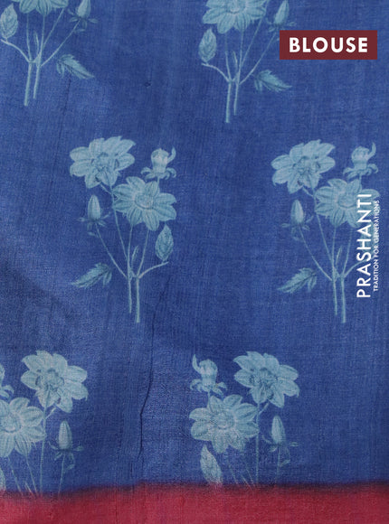 Pure tussar silk saree blue and maroon with floral prints & pita work and simple border