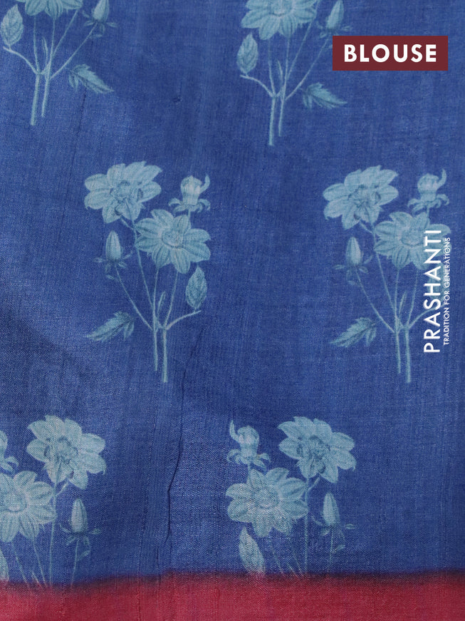 Pure tussar silk saree blue and maroon with floral prints & pita work and simple border