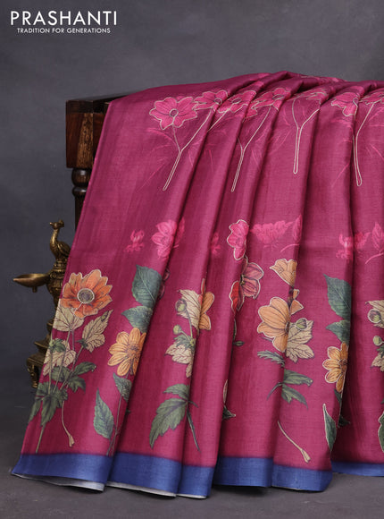 Pure tussar silk saree dark magenta pink and blue with floral prints & pita work and simple border