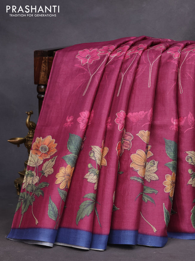 Pure tussar silk saree dark magenta pink and blue with floral prints & pita work and simple border