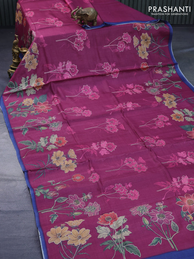 Pure tussar silk saree dark magenta pink and blue with floral prints & pita work and simple border