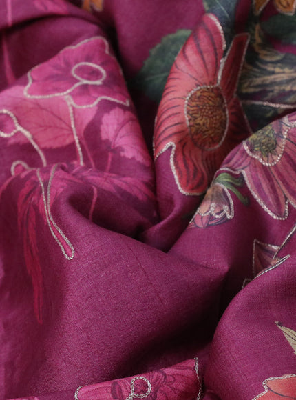 Pure tussar silk saree dark magenta pink and blue with floral prints & pita work and simple border