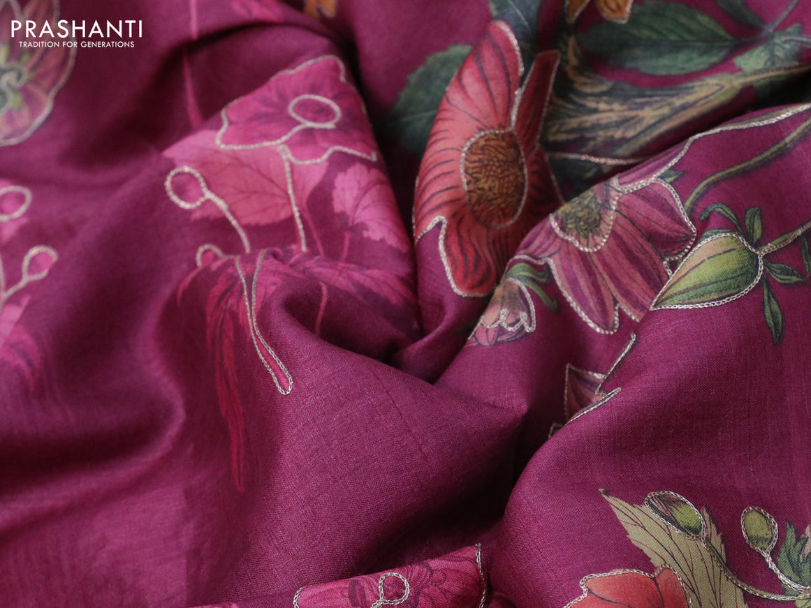 Pure tussar silk saree dark magenta pink and blue with floral prints & pita work and simple border