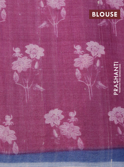 Pure tussar silk saree dark magenta pink and blue with floral prints & pita work and simple border