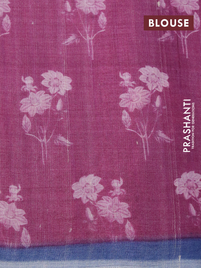 Pure tussar silk saree dark magenta pink and blue with floral prints & pita work and simple border