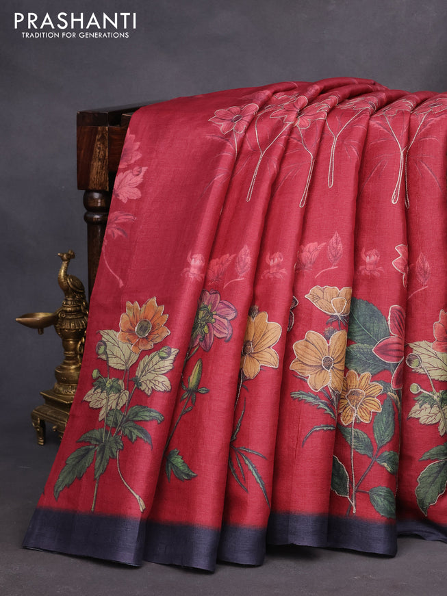 Pure tussar silk saree maroon and elephant grey with floral prints & pita work and simple border