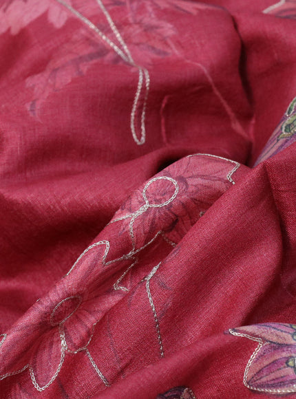 Pure tussar silk saree maroon and elephant grey with floral prints & pita work and simple border