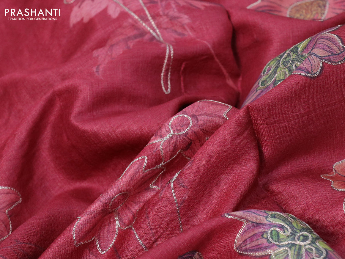 Pure tussar silk saree maroon and elephant grey with floral prints & pita work and simple border