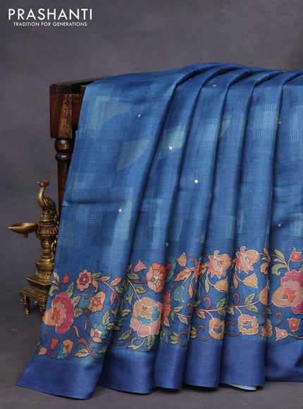 Pure tussar silk saree peacock blue with prints & pita work and floral design embroidery work border