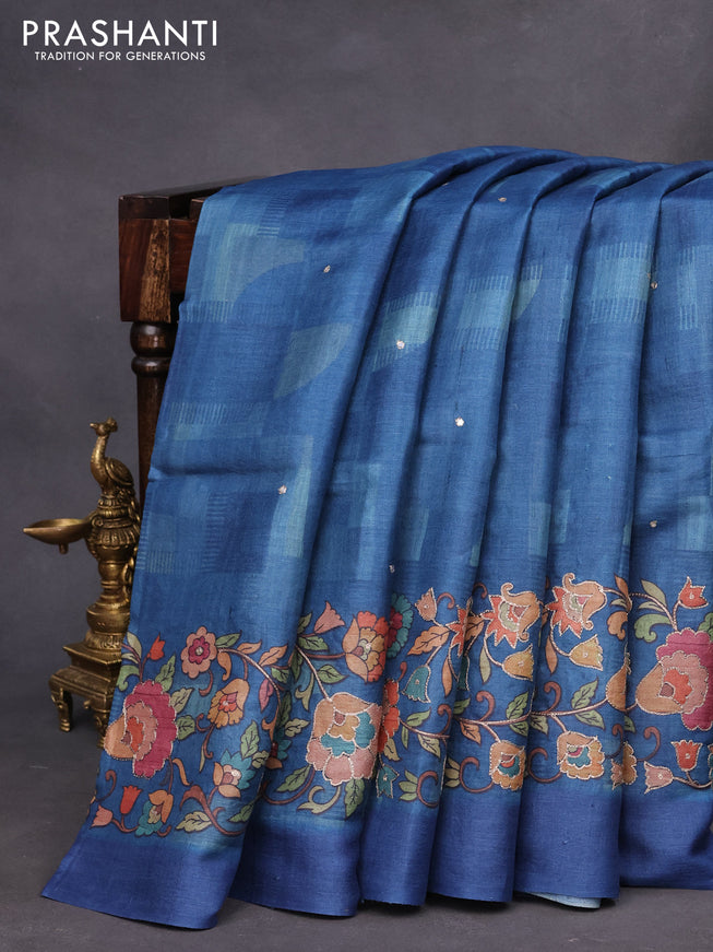 Pure tussar silk saree peacock blue with prints & pita work and floral design embroidery work border