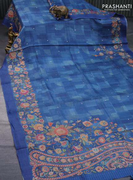 Pure tussar silk saree peacock blue with prints & pita work and floral design embroidery work border