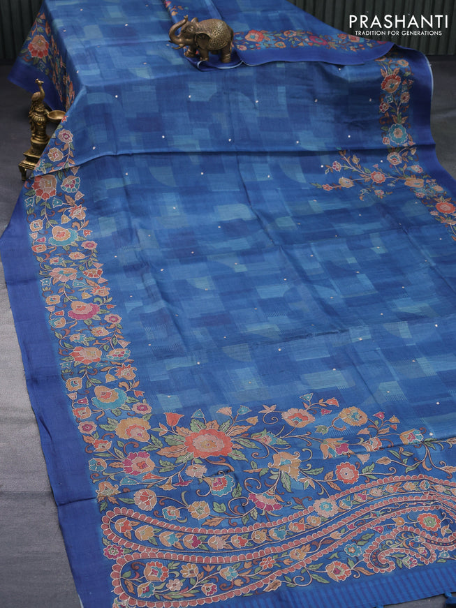 Pure tussar silk saree peacock blue with prints & pita work and floral design embroidery work border