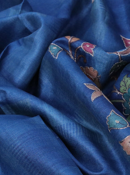 Pure tussar silk saree peacock blue with prints & pita work and floral design embroidery work border