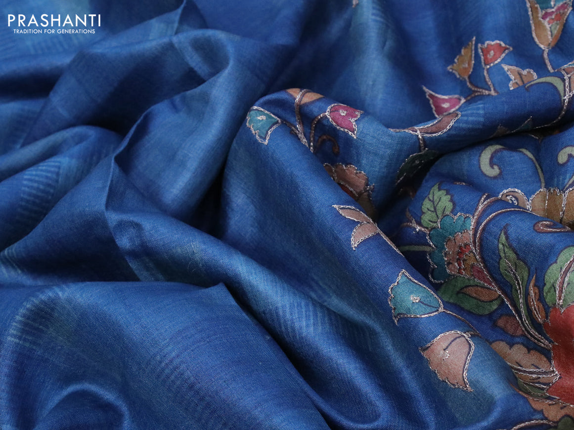 Pure tussar silk saree peacock blue with prints & pita work and floral design embroidery work border