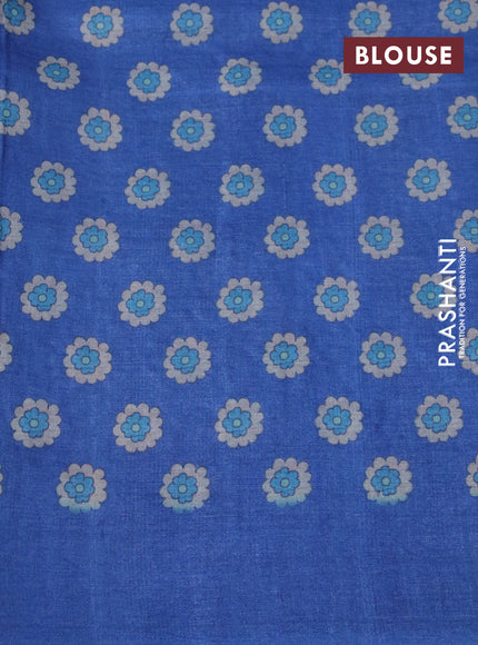 Pure tussar silk saree peacock blue with prints & pita work and floral design embroidery work border