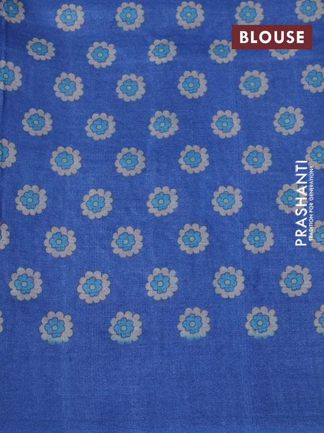 Pure tussar silk saree peacock blue with prints & pita work and floral design embroidery work border