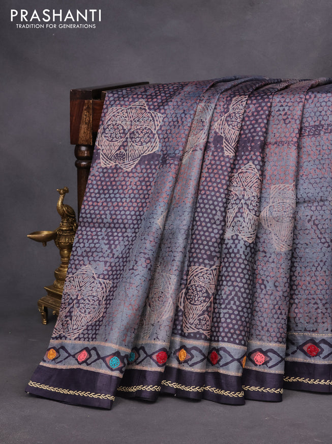 Pure tussar silk saree grey and dark navy blue with allover prints and embroidery work pallu