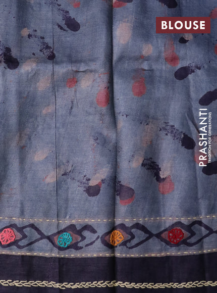 Pure tussar silk saree grey and dark navy blue with allover prints and embroidery work pallu