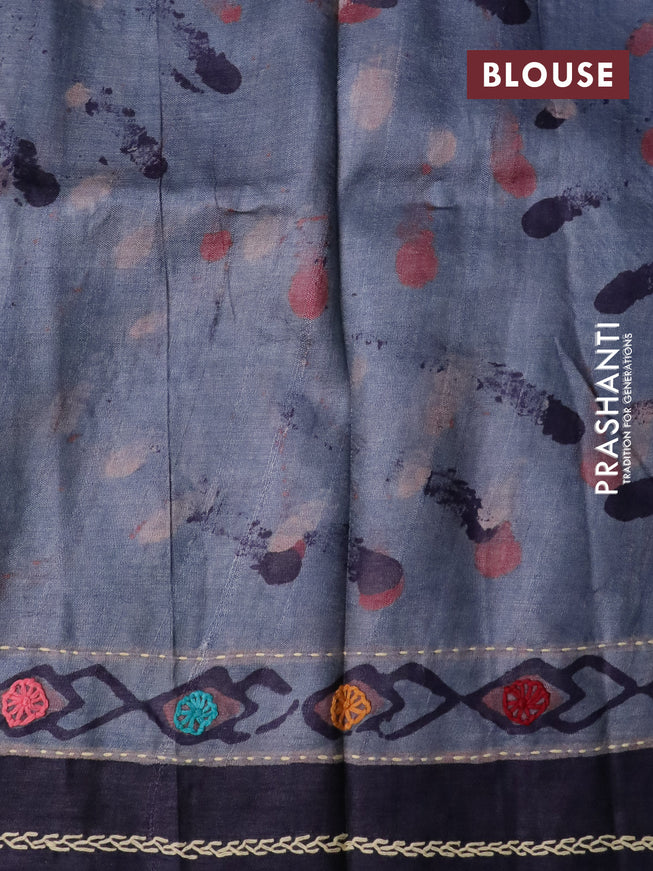 Pure tussar silk saree grey and dark navy blue with allover prints and embroidery work pallu