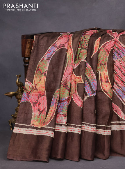 Pure tussar silk saree brown with allover batik prints and embroidery work border