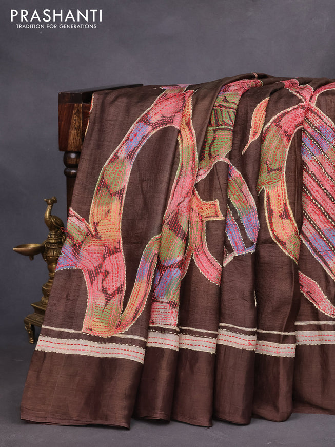 Pure tussar silk saree brown with allover batik prints and embroidery work border