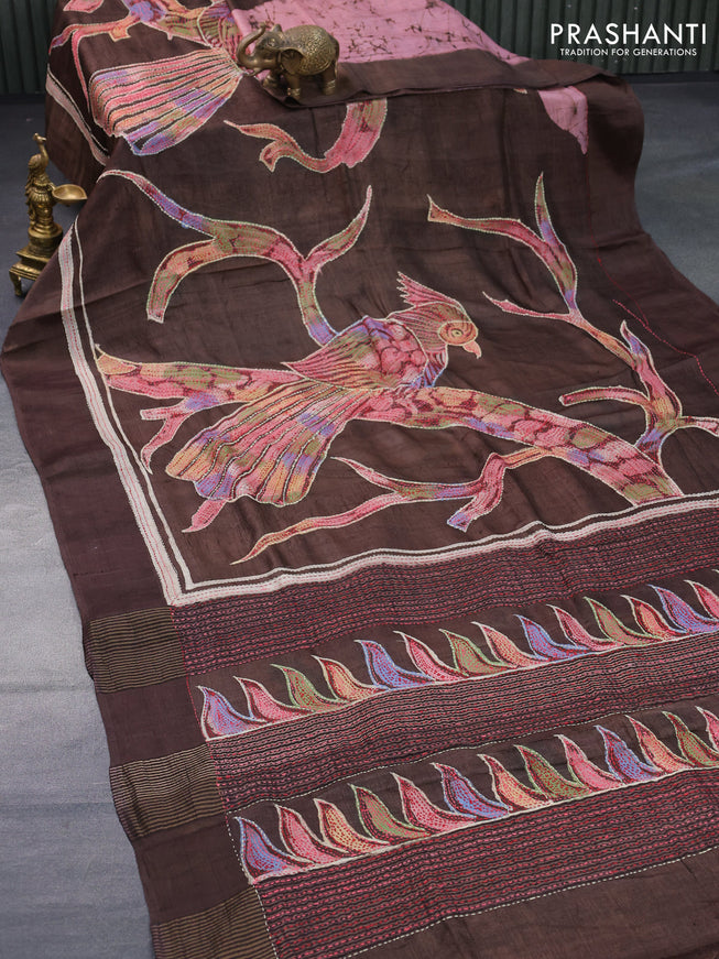 Pure tussar silk saree brown with allover batik prints and embroidery work border