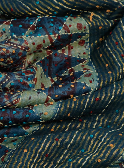 Pure tussar silk saree blue with allover dabu prints & embroidery french knot work and zari woven border