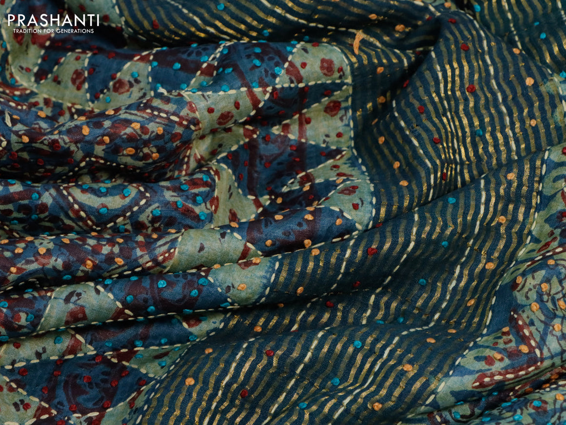 Pure tussar silk saree blue with allover dabu prints & embroidery french knot work and zari woven border