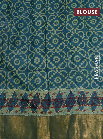 Pure tussar silk saree blue with allover dabu prints & embroidery french knot work and zari woven border