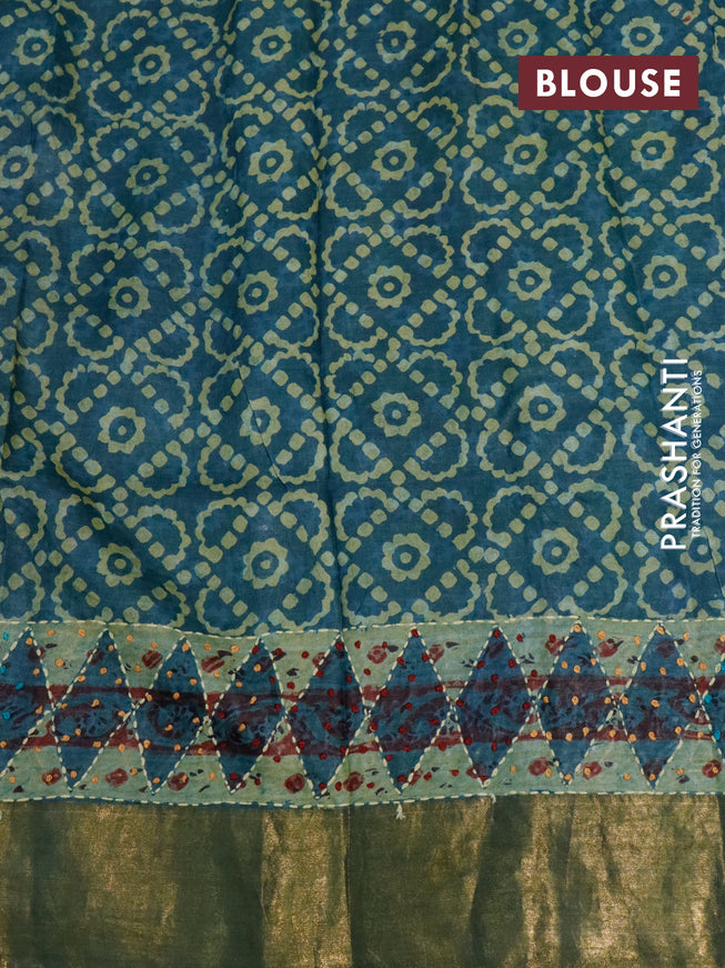 Pure tussar silk saree blue with allover dabu prints & embroidery french knot work and zari woven border