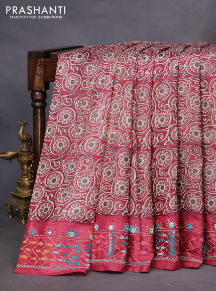 Pure tussar silk saree maroon with allover floral prints and embroidery work border