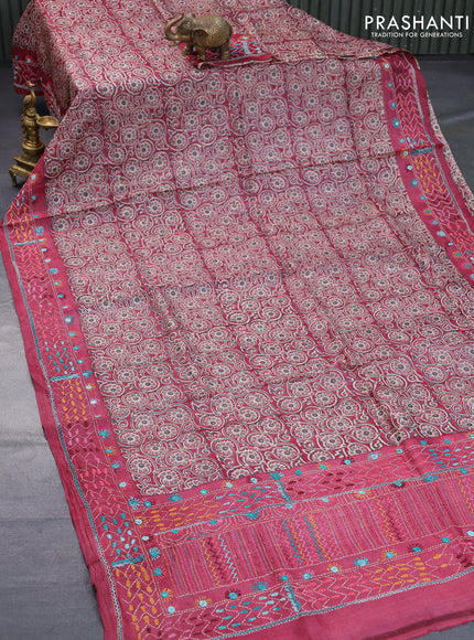 Pure tussar silk saree maroon with allover floral prints and embroidery work border