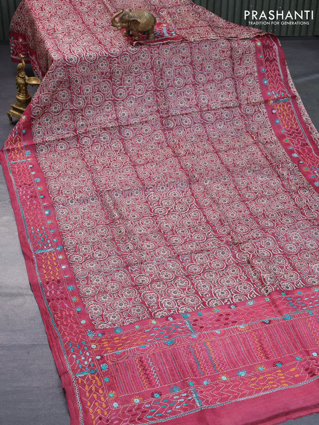 Pure tussar silk saree maroon with allover floral prints and embroidery work border