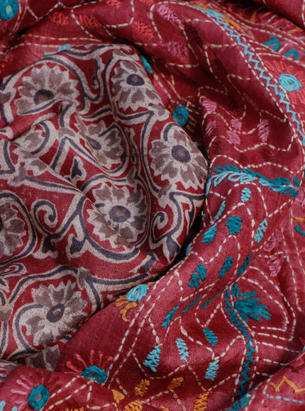 Pure tussar silk saree maroon with allover floral prints and embroidery work border