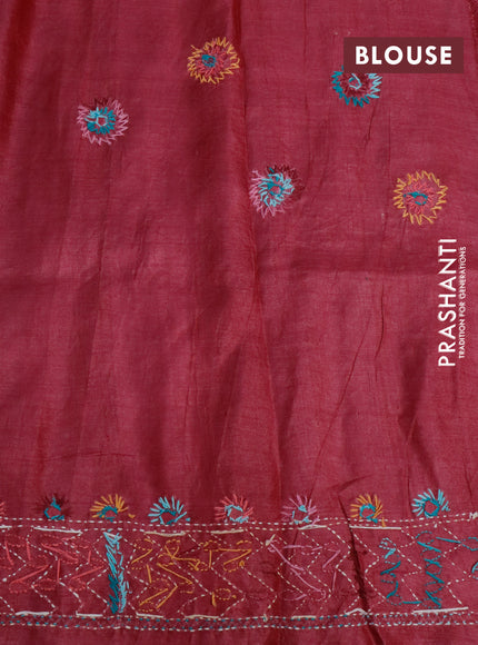 Pure tussar silk saree maroon with allover floral prints and embroidery work border