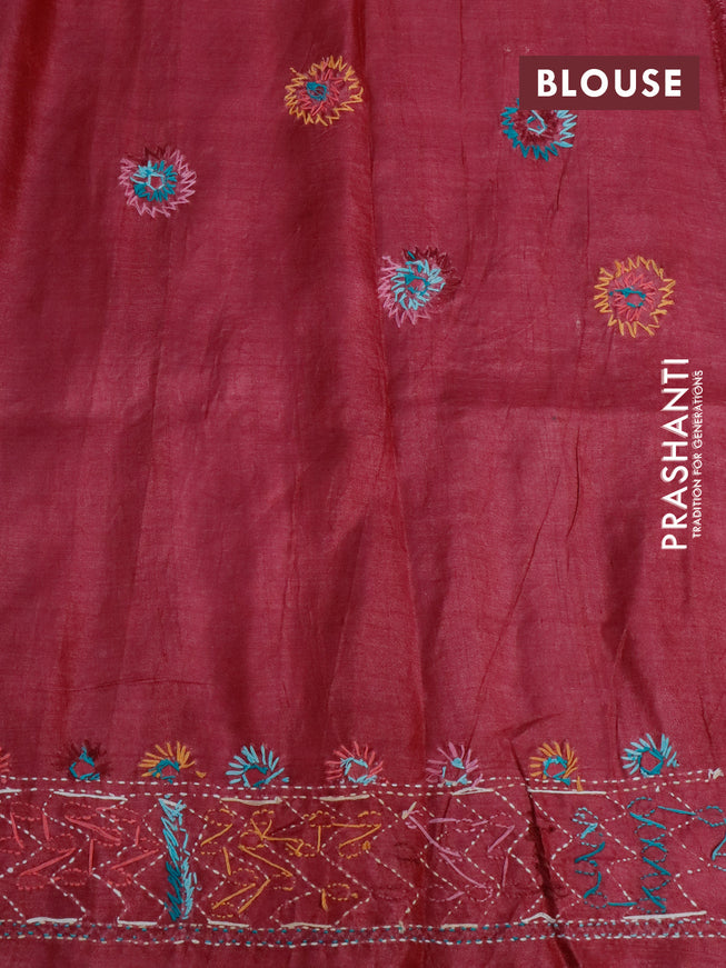 Pure tussar silk saree maroon with allover floral prints and embroidery work border